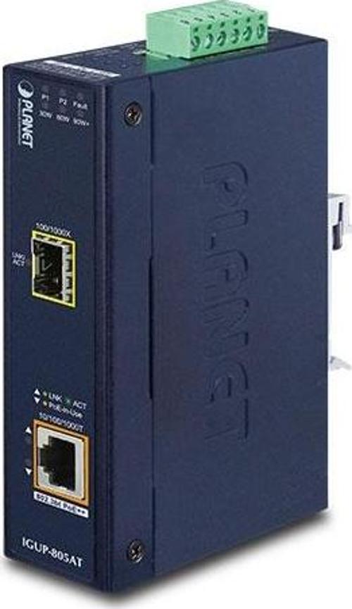 Endüstriyel 1-Port 100/1000X SFP &lt;-&gt; 1-Port 10/100/1000T 802.3bt PoE++ Media Converter&lt;br&gt;
Industrial 1-Port 100/1000X SFP to 1-Port 10/100/1000T 802.3bt PoE++ Media Converter