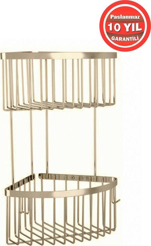 Derin Şampuanlık Paslanmaz Pirinç 2'Li 19X19 Cm Şampuanlık Banyo Rafı Altın Gold