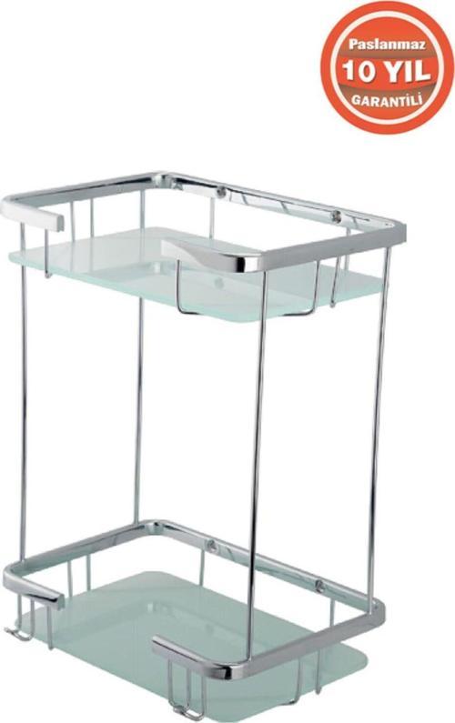 Paslanmaz Pirinç Taci 2’Li 22X15 Cm Camlı Şampuanlık Banyo Rafı