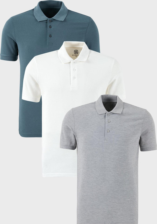 Pamuklu Regular Fit Düğmeli Polo Yaka 3'lü Paket Erkek T Shirt 5902127S3 Petrol-Gri Melanj-Beyaz