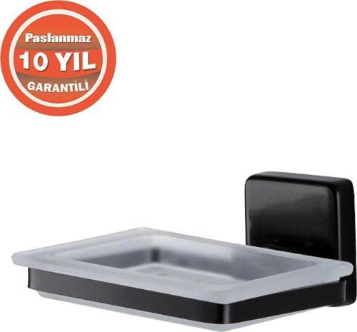 Paslanmaz Pirinç Kumru Camlı Montajlı Sabunluk Mat Siyah