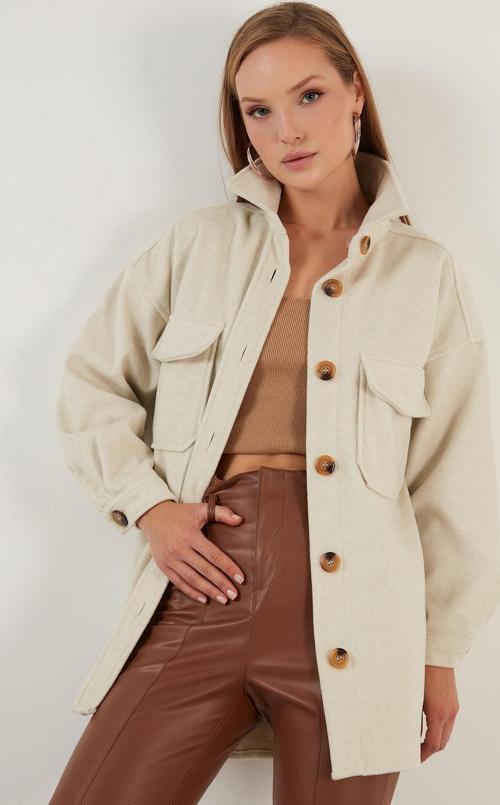 Cepli Oversize Kışlık Bayan Gömlek Ceket 42190456 AÇIK VİZON