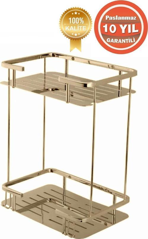 Paslanmaz Pirinç Altın Gold Lidya 2'Li 15X22 Cm Şampuanlık Banyo Rafı