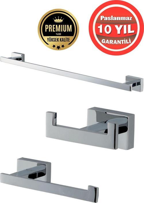 Paslanmaz Pirinç Banyo Aksesuar 3'Lü Set Kenzo Havluluk Tuvalet Kağıtlık Askılık
