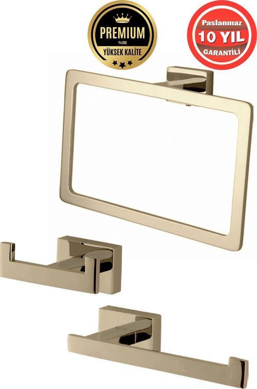 Paslanmaz Pirinç Banyo Aksesuar 3'Lü Set Kenzo Havluluk Tuvalet Kağıtlık Askılık Altın Gold