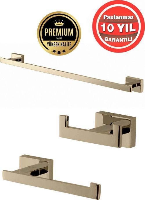 Paslanmaz Pirinç Banyo Aksesuar 3'Lü Set Kenzo Havluluk Tuvalet Kağıtlık Askılık Altın Gold