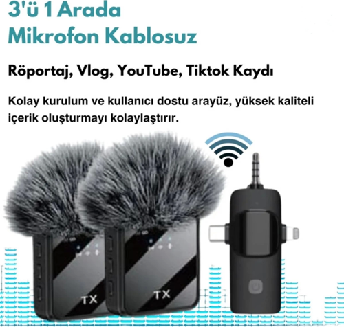 Yüksek Kalite Profesyonel 3 In 1 Kablosuz Taşınabilir Yaka Mikrofonu Tüylü