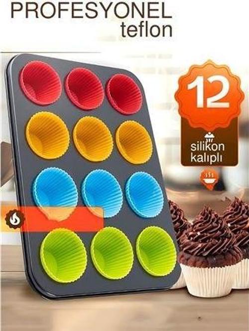 12 li Muffin Kalıbı Teflon Çelik - 12 ADET Silikon Muffi  Kalıplı SET