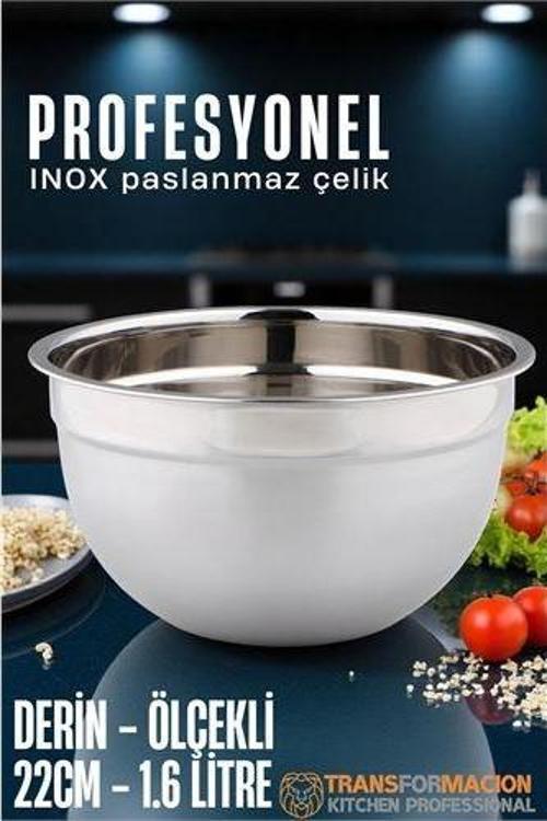 Inox Ölçekli Derin Kase  - 22 Cm 1.6 Litre Karıştırma Kabı Profesyonel 304 Paslanmaz Çelik