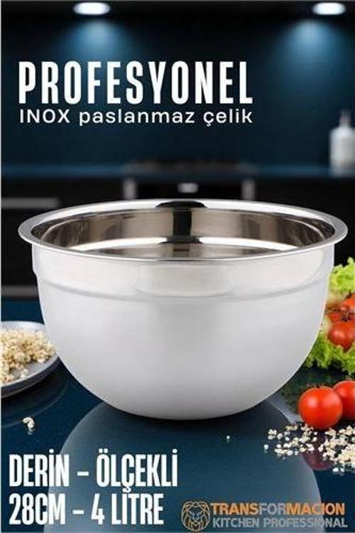 Inox Ölçekli Derin Kase  - 28 Cm 4 Litre Karıştırma Kabı Profesyonel 304 Paslanmaz Çelik