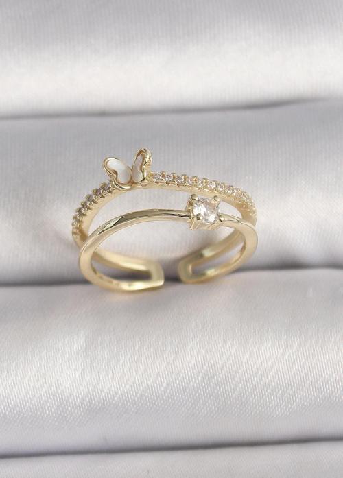 Pirinç Gold Renk Zirkon Taş Detaylı Kelebek Figür Ayarlanabilir Yüzük