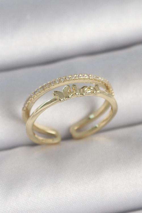 Pirinç Gold Renk 2'Li Sıra Zirkon Taş Detaylı Kelebek Figürlü Ayarlanabilir Model Kadın Yüzük