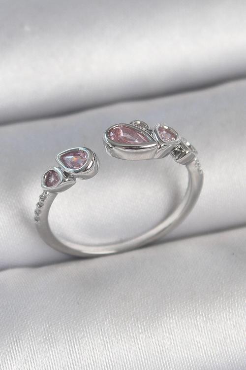 Pirinç Gümüş Renk Pembe Damla Zirkon Taşlı Ayarlanabilir Model Kadın Yüzük
