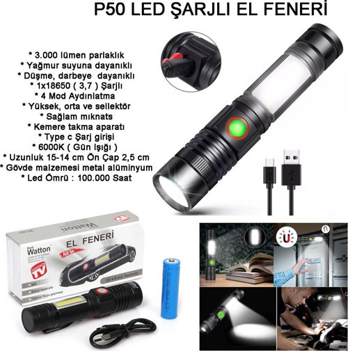 Geniş Açılı P50 Led Şarjlı EL Feneri Watton Wt-601