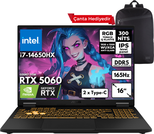 TUF Gaming F16 i7-14650HX 16-GBDDR5 2 TBSSD RTX5060 (8GB-GDDR7-115W) 16" WUXGA 165Hz Windows 11 Pro + Sırt Çantası FX608JMR-RV024HMF21