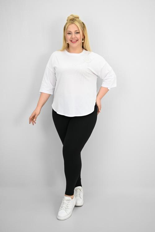 Kadın Büyük Beden Kısa Kollu Taş ve İnci Baskı Detaylı Oversize T-shirt 1925-25