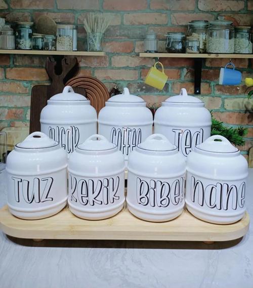 7 Parça Tasarım Baharatlık Seti Tea/Coffee/Sugar Tuz/Kekik/Biber/Nane Pinterest Kavanoz Seti