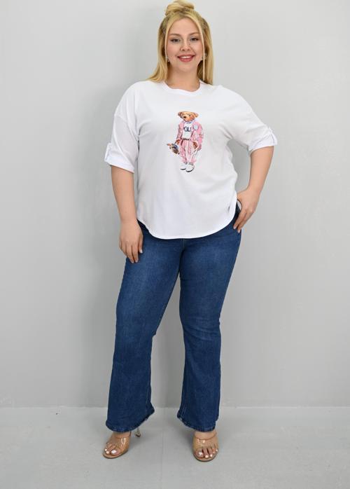 Kadın Büyük Beden Kısa Kollu Taş Detaylı Ayı Baskılı Oversize T-shirt 1926-25