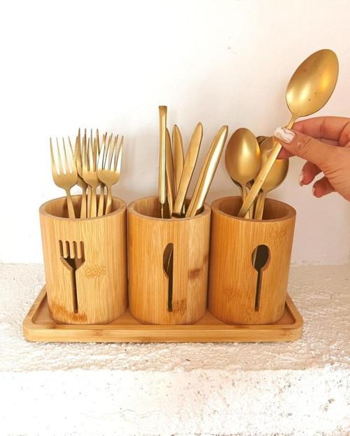 Bambu Altlıklı 3'lü Çatal Kaşık Bıçak Düzenleyici Set 4 Parça