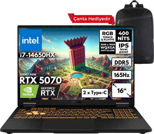 TUF Gaming F16 i7-14650HX 32-GBDDR5 1 TBSSD RTX5070 (8GB-GDDR7-115W) 16" 2.5K WQXGA 165Hz Windows 11 Pro + Sırt Çantası FX608JPR-QT002HMF18