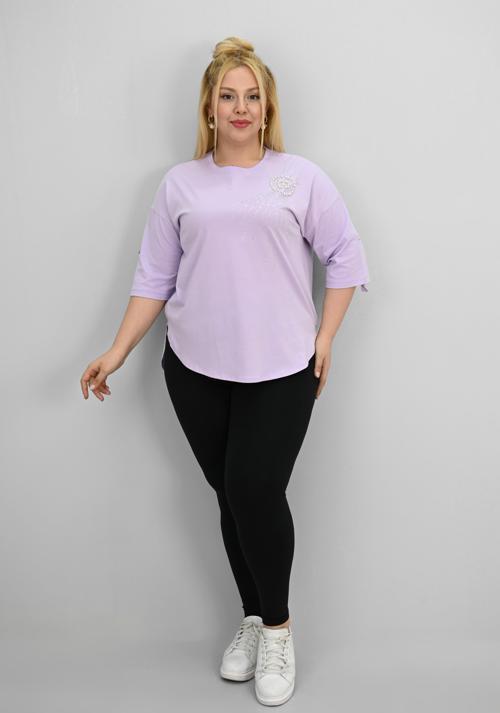 Kadın Büyük Beden Kısa Kollu Taş ve İnci Baskı Detaylı Oversize T-shirt 1925-25