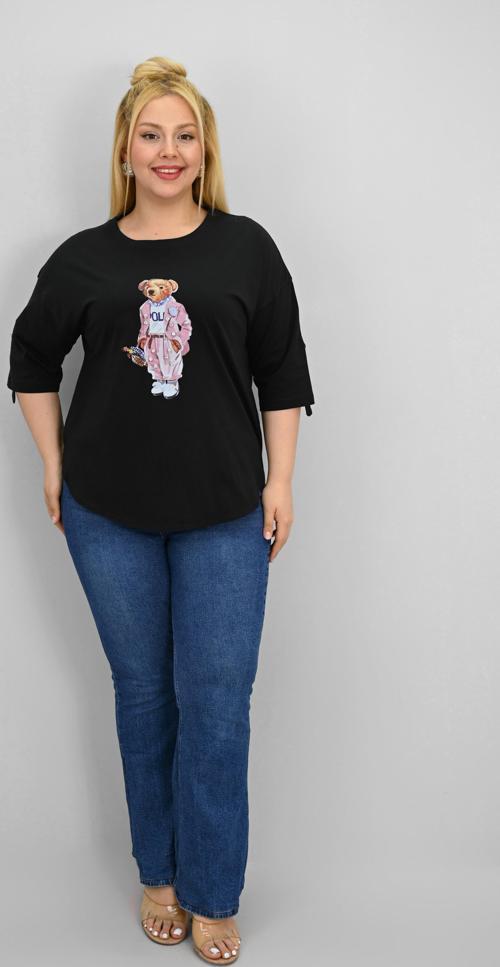 Kadın Büyük Beden Kısa Kollu Taş Detaylı Ayı Baskılı Oversize T-shirt 1926-25