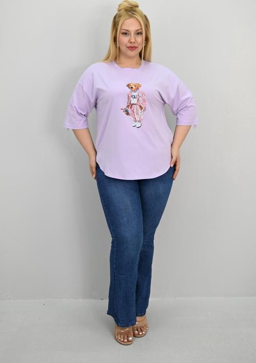 Kadın Büyük Beden Kısa Kollu Taş Detaylı Ayı Baskılı Oversize T-shirt 1926-25
