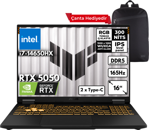 TUF Gaming F16 i7-14650HX 32-GBDDR5 4 TBSSD RTX5050 (8GB-GDDR7-115W) 16" WUXGA 165Hz Windows 10 Pro + Sırt Çantası FX608JHR-RV048HMF46