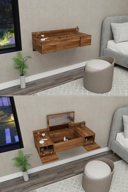 Zakkum Raflı Duvara Monte Aynalı Makyaj Masası Tuvalet Masası, Ceviz - Zakkum