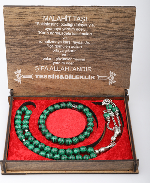 Kutulu 33 Lü Tesbih Bileklik Seti Malahit Taşı