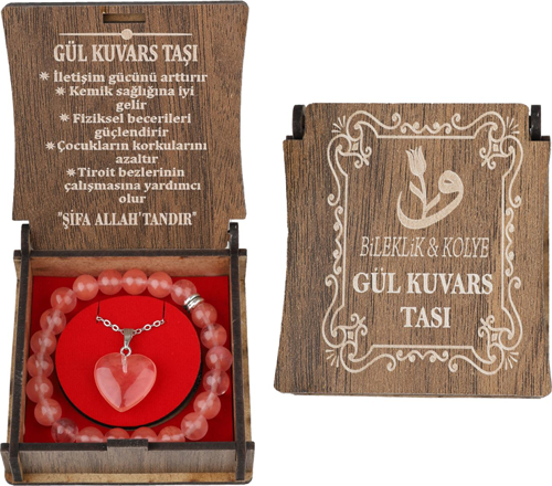 Kutulu Kolye Bileklik Seti Gül Kuvars Taşı