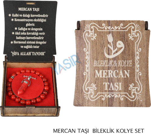 Kutulu Kolye Bileklik Seti Mercan Taşı