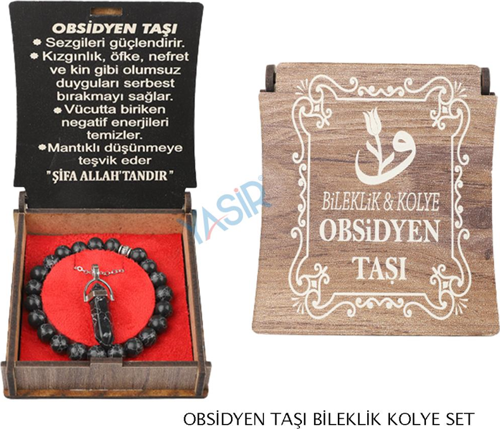 Kutulu Kolye Bileklik Seti Obsidyen Taşı