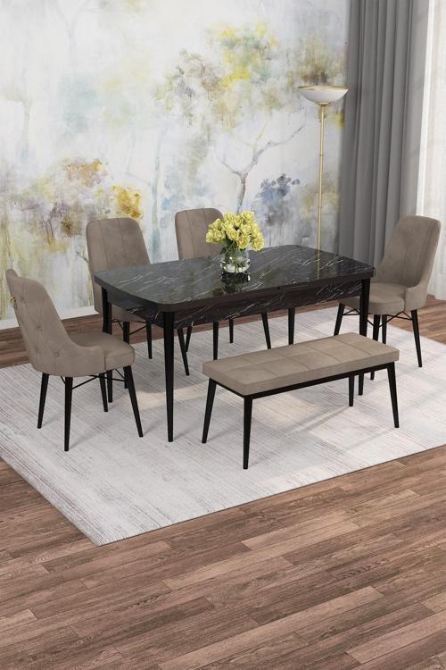 Arven Serisi 80x132 Açılabilir MDF Siyah Mermer Desen Mutfak Masa Takımı 4 Sandalye 1 Bench