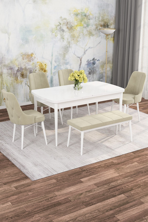 Arven Serisi 80x132 Açılabilir MDF Beyaz Mutfak Masa Takımı 4 Sandalye 1 Bench