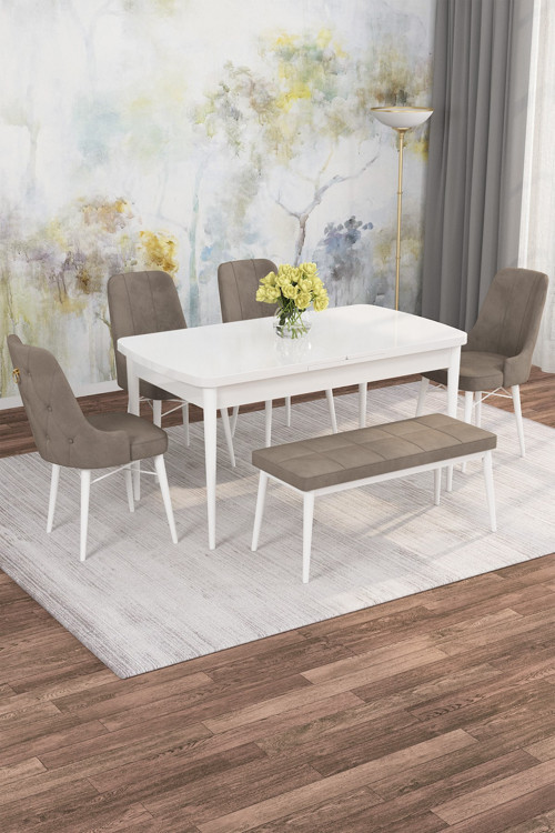 Arven Serisi 80x132 Açılabilir MDF Beyaz Mutfak Masa Takımı 4 Sandalye 1 Bench