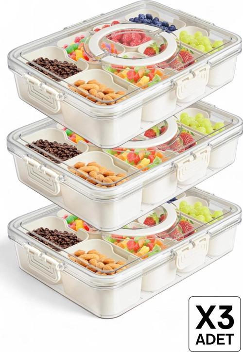 3lü Kilit Kapaklı 8 Bölmeli Taşınabilir Saklama Kabı Kahvaltılık Organizer Piknik Seti Gıda Kutusu