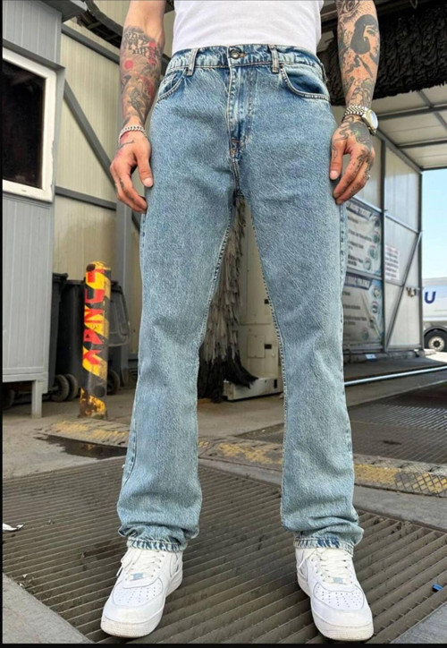 Erkek Bol Paça Buz Mavi Baggy Jean Pantolon