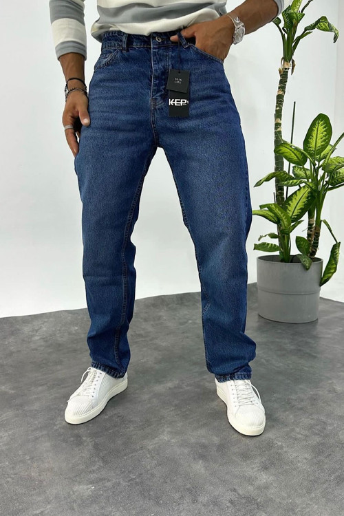 Baggy Koyu Mavi Renk Eskitme Kot Pantolon