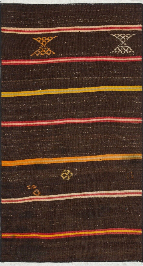 Eşsiz El Dokuma Kahverengi Turuncu Çizgili Desen Keçi Kılı Kilim