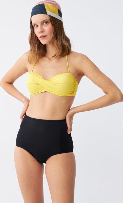 Kadın Straplez Sarı Yüksek Bel Bikini Takımı