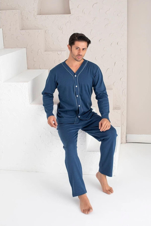 Lacivert Bordo Boydan Düğmeli Uzun Kollu Erkek Yazlık Pijama Takımı 1403