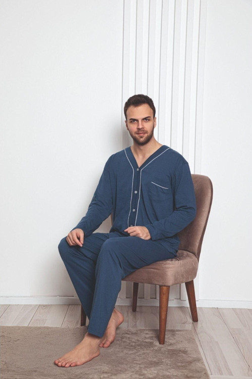 Erkek Mint Düğmeli-Cepli Uzun Kol Pijama Takımı