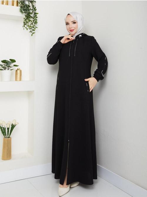 Zincirli Şapkası Desenli Kadın Pardesü