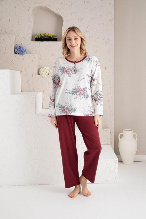 Kadın Yazlık Uzun Kollu Çiçekli Pijama Takımı Şık Moon2