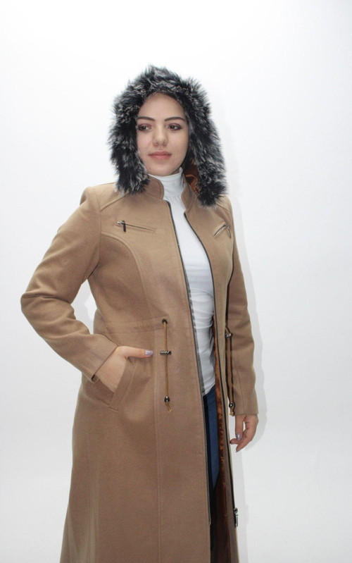 Kadın Kaşe Kapşonlu Kürklü Kaban & Mont