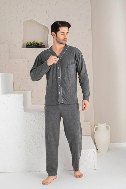 Lacivert Bordo Boydan Düğmeli Uzun Kollu Erkek Yazlık Pijama Takımı 1403