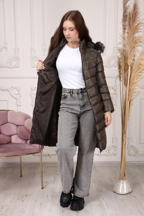 Kadın Sıkıştırılmış Yoğun Elyaf Dolum Şapkası Kürklü Belden Kemerli Günlük Genç Mont