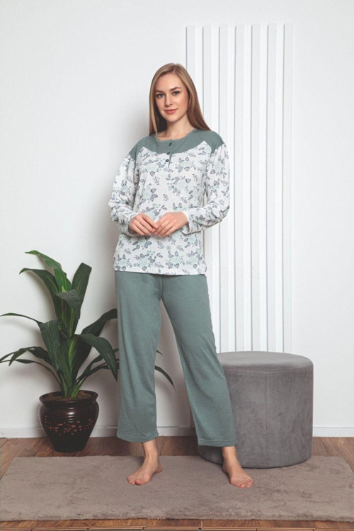 Kadın Pijama Takımı Çiçek Desenli Uzun Kollu