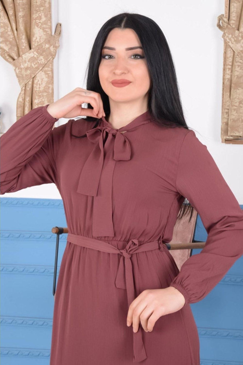 Kadın Yakası Ve Beli Bağcıklı Eteği Fırfırlı Şifon Düz Renk Elbise